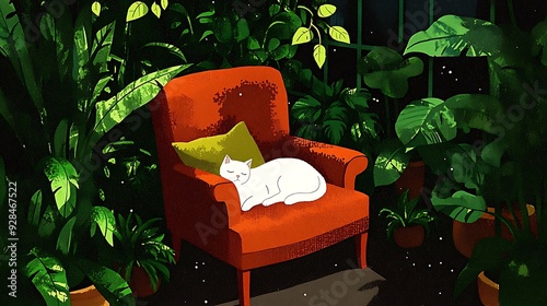 Cozy Sleeping White Cat Illustration Art photo
