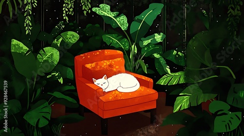 Cozy Sleeping White Cat Illustration Art photo