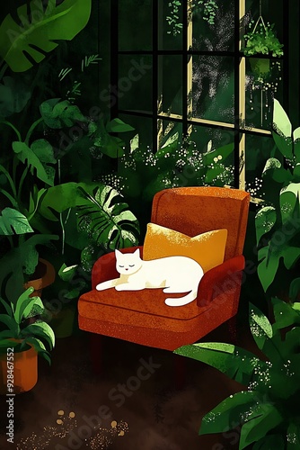 Cozy Sleeping White Cat Illustration Art photo