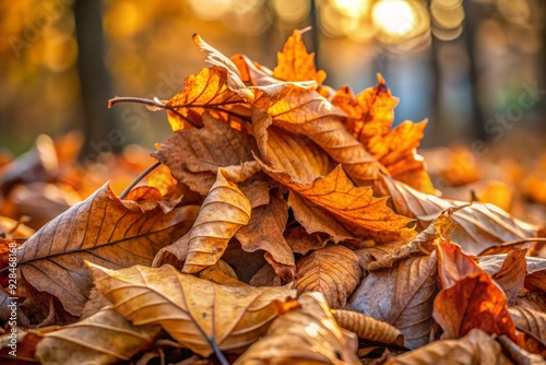 Wrinkled, brittle, and faded, old leaves cling precariously to withered branches, their delicate stems worn thin, ready to surrender to autumn's gentle breeze. photo