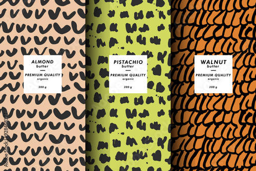 Vector illustration set of templates contemporary abstract cover and patterns for nuts butter packaging with labels. Minimal modern backgrounds