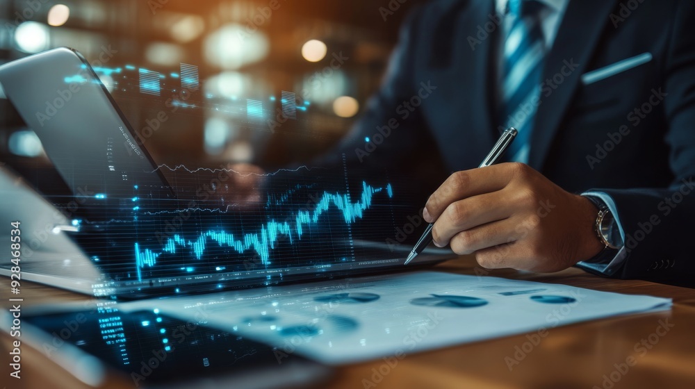 Businessman using a laptop and writing on paper with a pen. Businessman using a laptop and writing on paper with a pen.