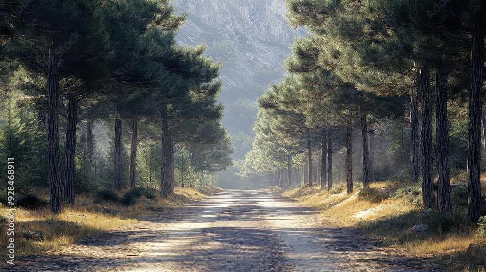 Empty road lined with towering pine trees, peaceful and isolated. Empty road lined with towering pine trees, peaceful and isolated.