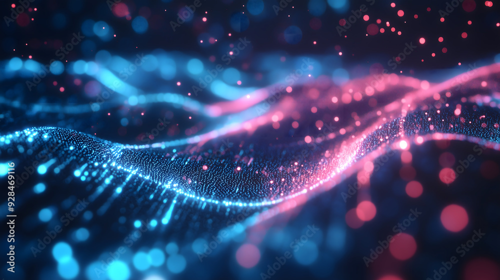 Digital data flowing through cyberspace with glowing blue and red lights