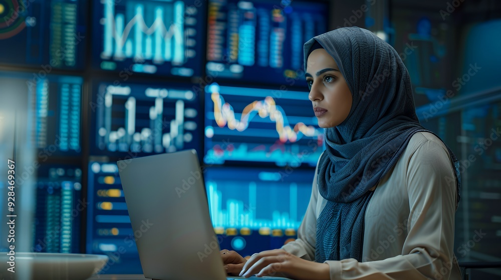 Businesswoman wearing a headscarf uses a laptop in front of large monitors displaying financial data. Businesswoman wearing a headscarf uses a laptop in front of large monitors displaying financial data.