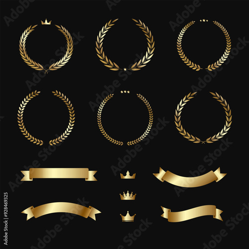 Vector illustration set of golden laurel wreath and ribbon icons. Ideal for trophies and honorary awards, celebrating winners and champions.