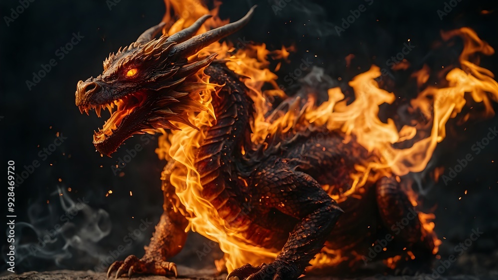 Dragon surrounded by a storm with lightning striking all around Dragon surrounded by a storm with lightning striking all around