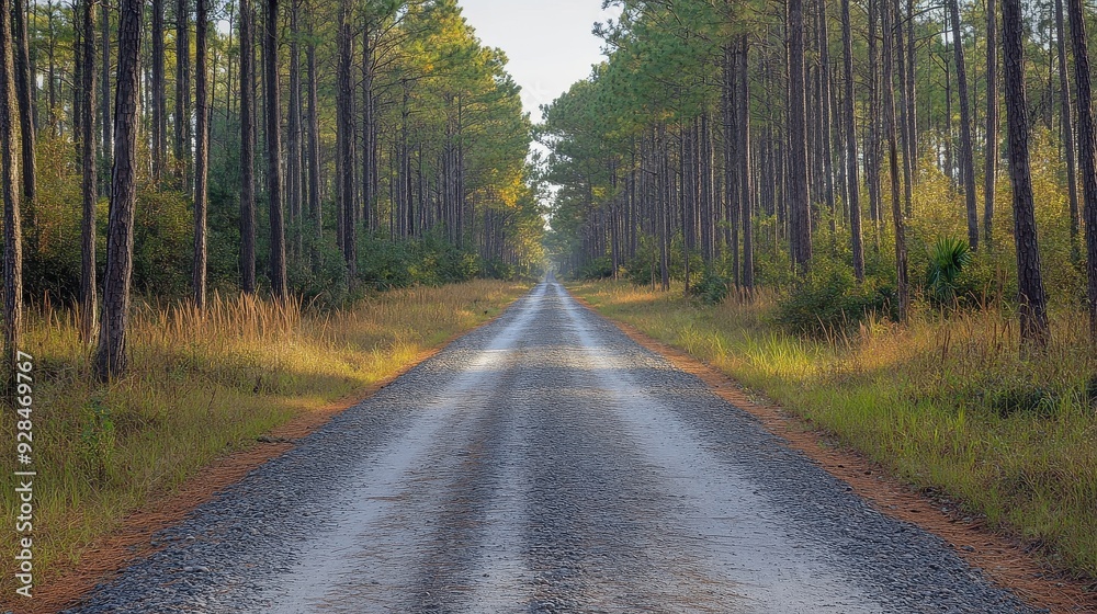 Fototapeta premium Gravel road in pine forest, rustic and rural charm.