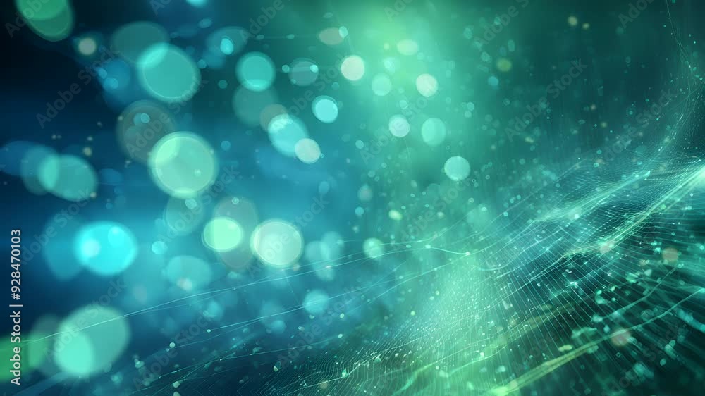 Abstract Teal and Green Background with Bokeh and Grid Pattern