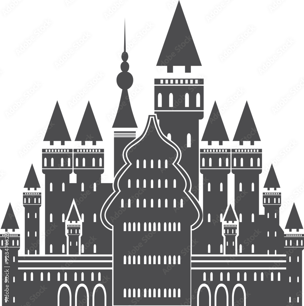 Medieval city citadel. Royal fantasy castle black icon