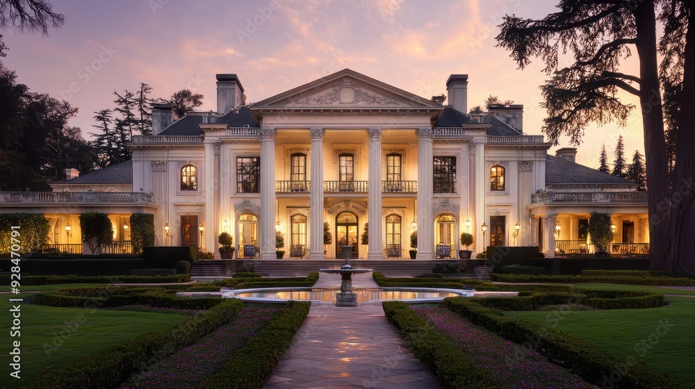 Elegant mansion with grand entrance and beautifully landscaped grounds. light in the evening