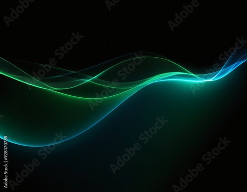 Abstract green blue wave light effect in perspective. Magic luminous azure glow design element on dark background, flash luminosity, abstract neon motion glowing wavy lines. Ai generated image.