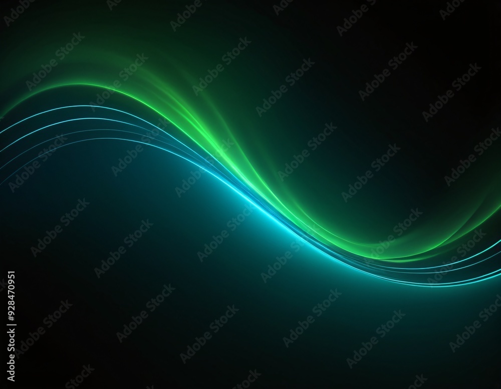 Abstract green blue wave light effect in perspective. Magic luminous azure glow design element on dark background, flash luminosity, abstract neon motion glowing wavy lines. Ai generated image. Abstract green blue wave light effect in perspective. Magic luminous azure glow design element on dark background, flash luminosity, abstract neon motion glowing wavy lines. Ai generated image.