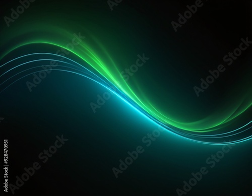 Abstract green blue wave light effect in perspective. Magic luminous azure glow design element on dark background, flash luminosity, abstract neon motion glowing wavy lines. Ai generated image.