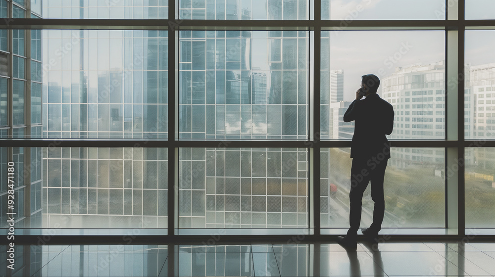 a businessman standing by a large office window, engaged in a phone call. The view outside shows a bustling city, while the interior reflects a calm, professional atmosphere. a businessman standing by a large office window, engaged in a phone call. The view outside shows a bustling city, while the interior reflects a calm, professional atmosphere.