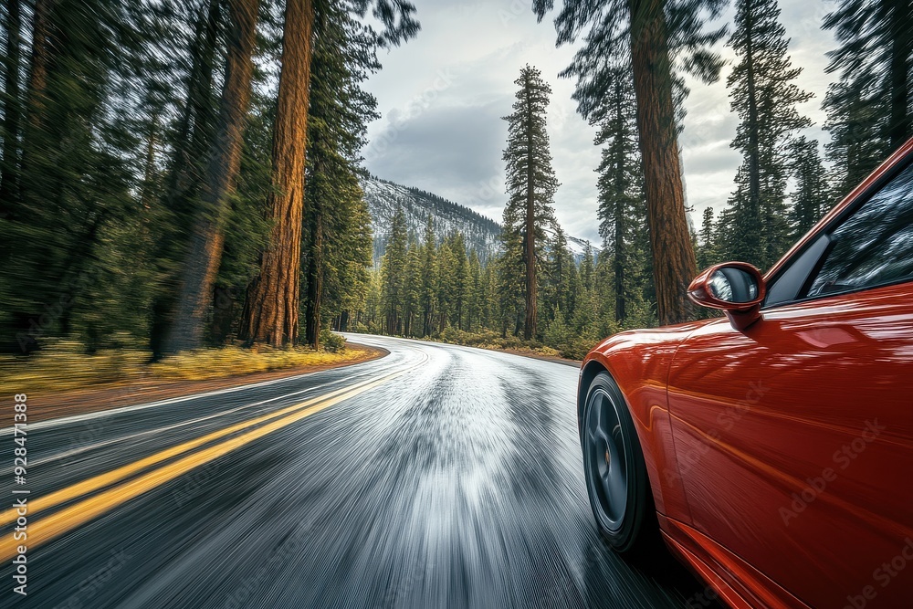 Road trip with pine forest backdrop, car in motion capturing travel spirit. Road trip with pine forest backdrop, car in motion capturing travel spirit.