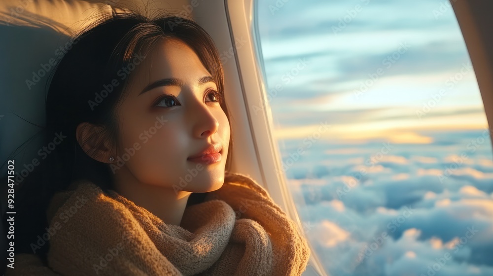 Asian woman sitting by the airplane window, gazing out at the clouds with a serene expression, capturing the anticipation and excitement of traveling on vacation. Asian woman sitting by the airplane window, gazing out at the clouds with a serene expression, capturing the anticipation and excitement of traveling on vacation.