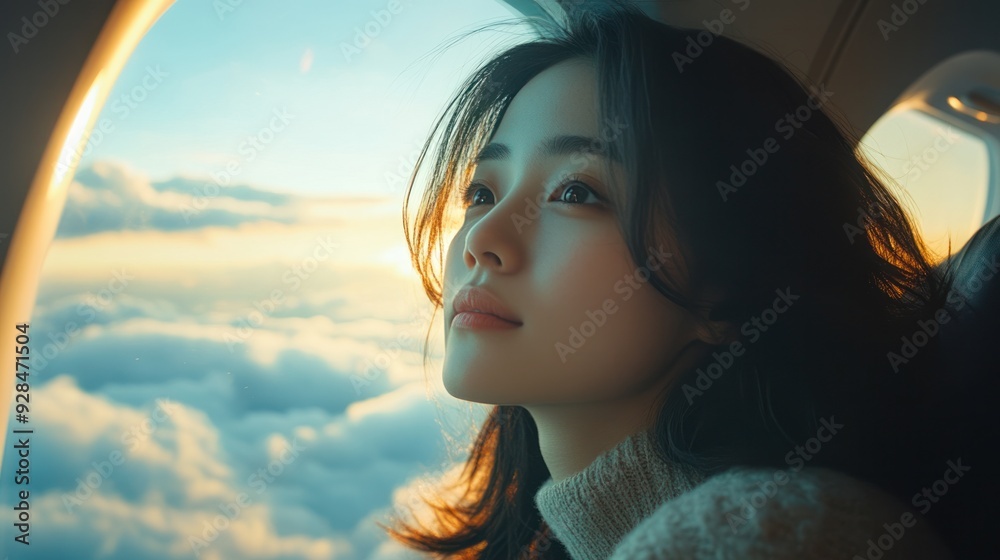 Asian woman sitting by the airplane window, gazing out at the clouds with a serene expression, capturing the anticipation and excitement of traveling on vacation. Asian woman sitting by the airplane window, gazing out at the clouds with a serene expression, capturing the anticipation and excitement of traveling on vacation.