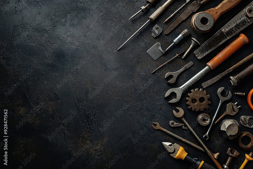 Spanners and tools on dark black background. Top view with copy space Spanners and tools on dark black background. Top view with copy space