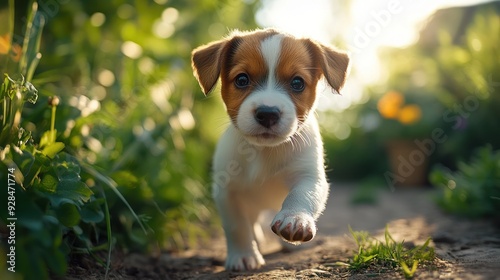 A playful puppy exploring a garden for the first time, with its curious expressions capturing the innocence and wonder of young animals.