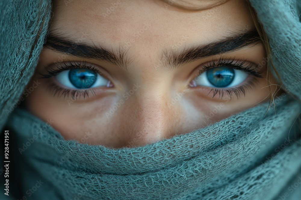 Close up of blue eyes of a girl with face wrapped in cloth. Close up of blue eyes of a girl with face wrapped in cloth.