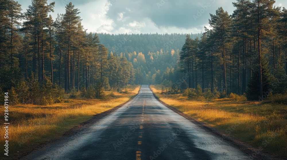 Road disappearing into the distance among tall pines, endless possibilities. Road disappearing into the distance among tall pines, endless possibilities.