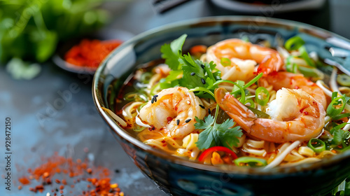 Closeup of a Bowl of Shrimp Noodle Soup with Cilantro and Green Onions - Food Photography