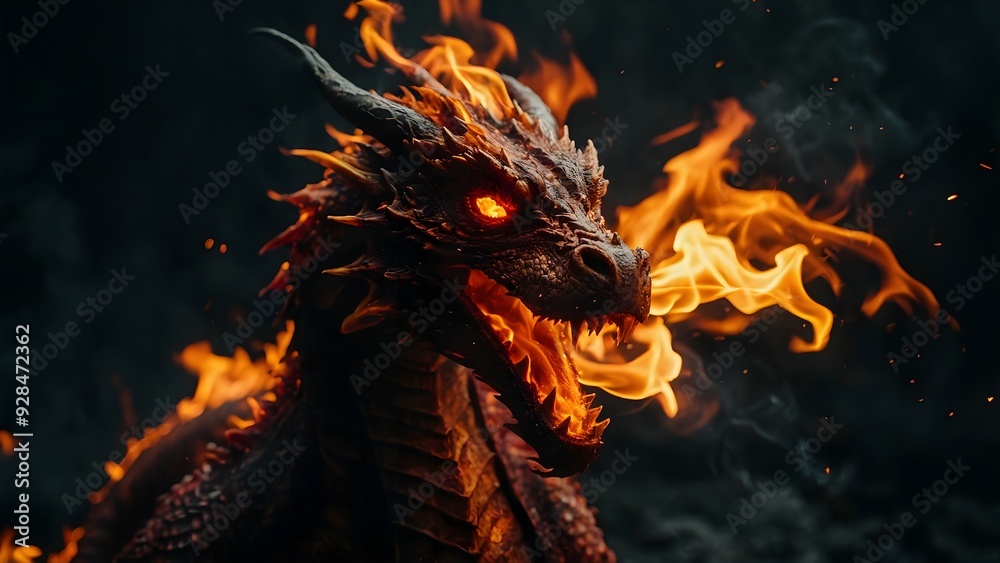 Dragon emerging from the volcano and spreading its wings of fire Dragon emerging from the volcano and spreading its wings of fire