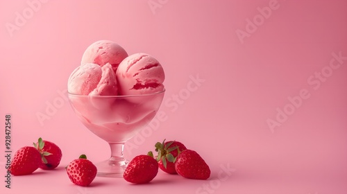 Delicious strawberry ice cream scoops in a glass cup against a solid background. Perfect for posters, banners, and backgrounds with empty space for text