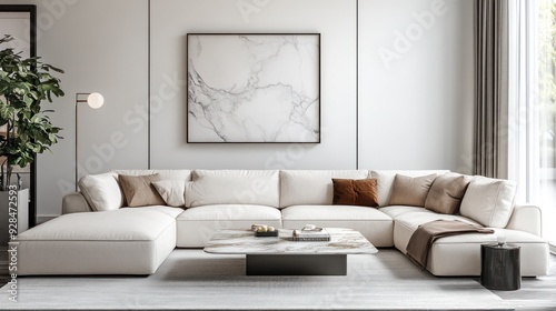 A modern living room with a large, L-shaped sofa, complemented by a coffee table with marble top, and minimalist decor, against a white wall. photo