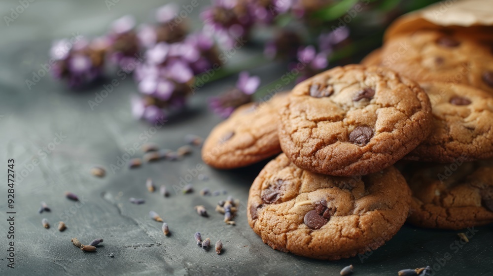 Chocolate cookies with copy space. Paper bag over a table with flowers Chocolate cookies with copy space. Paper bag over a table with flowers