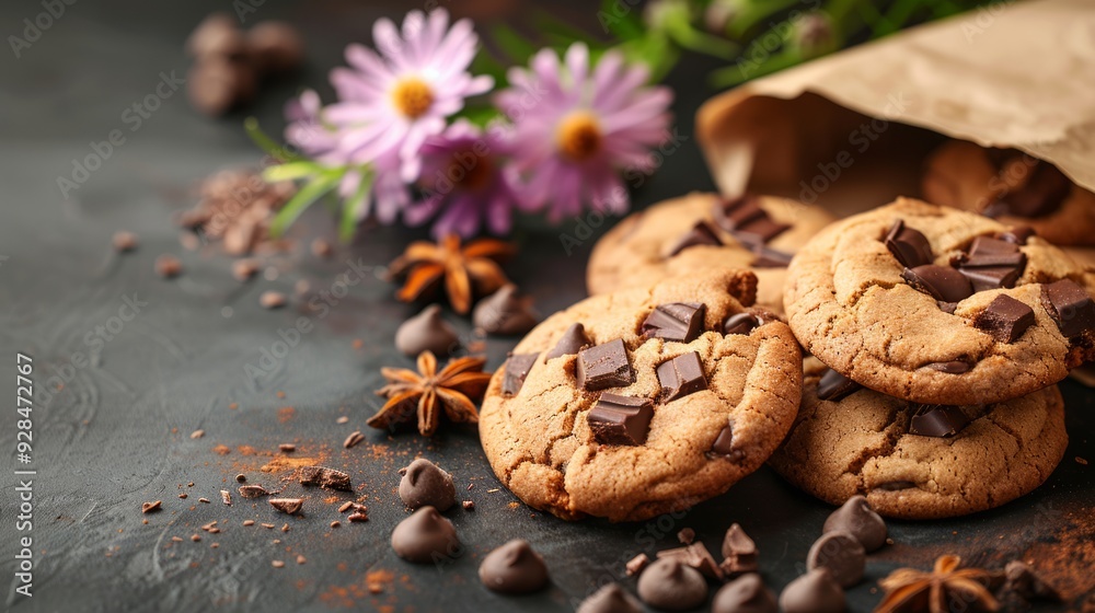 Chocolate cookies with copy space. Paper bag over a table with flowers