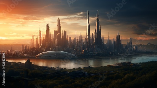 Futuristic city skyline at sunset with large domed building on water.