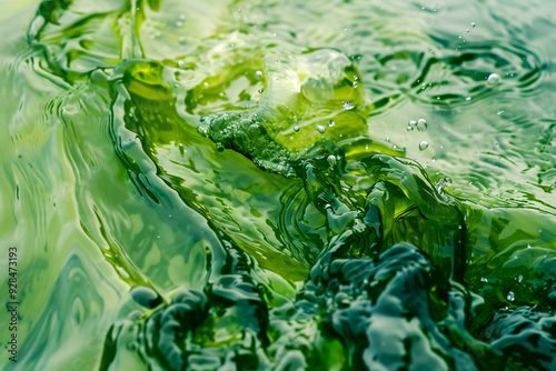 Close-up of water drops on a green leaf with a green background, showcasing a fresh and natural look with a hint of summer and abstract patterns photo