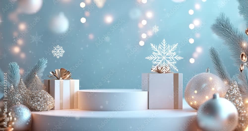 Create a Christmas-themed minimal podium background for branding and product presentation, featuring 3D-rendered elements like snowflakes, festive lights, and a touch of holiday sparkle 