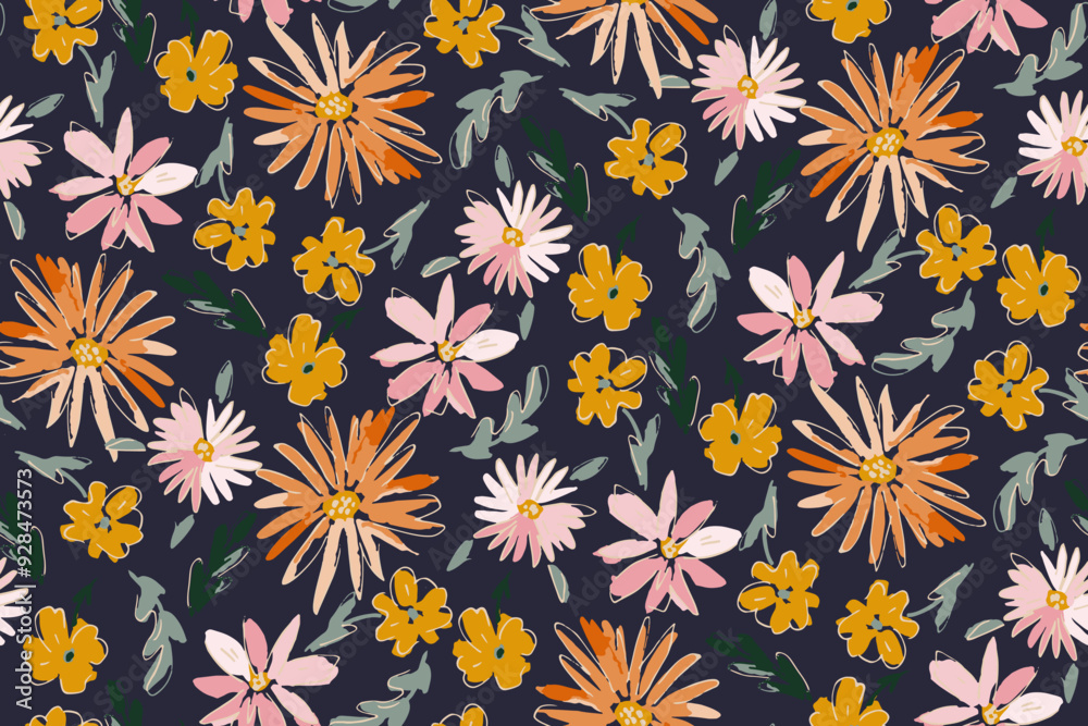 Cute hand drawn feminine watercolor seamless pattern with wildflowers.