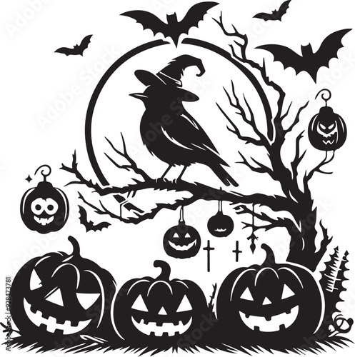 spooky haunted house ghosts, dead tree, lanterns and pumpkins halloween night black and white silhouette vector line art flat design background image illustrations photo