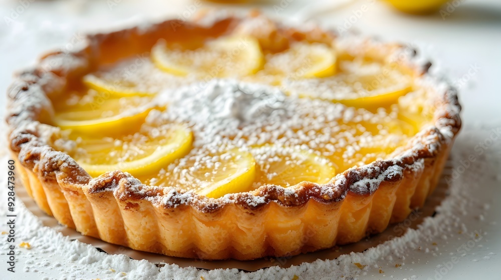 Freshly Baked Lemon Tart with Golden Crust and Powdered Sugar on White Background Freshly Baked Lemon Tart with Golden Crust and Powdered Sugar on White Background