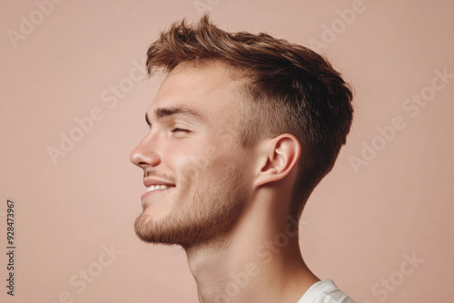 A close up of a man's face with his eyes closed