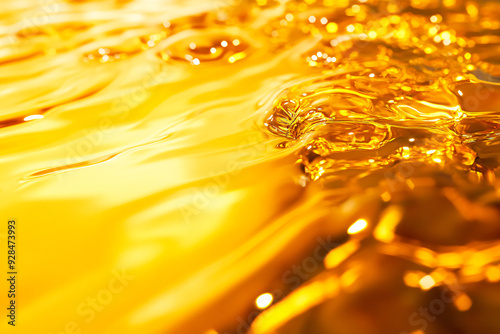 Golden water background with droplets, abstract texture, and a fresh, vibrant feel, featuring hints of blue, yellow, and orange, and capturing the essence of a macro shot of liquid with a touch of nat