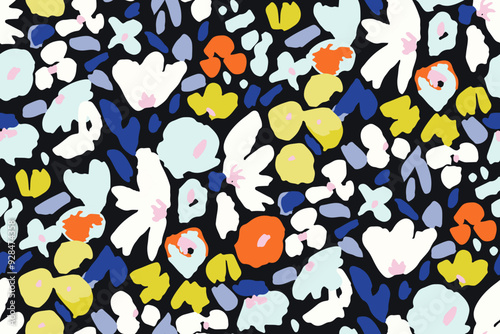 Abstract hand drawn floral seamless pattern. Bright colors, gouache painting.