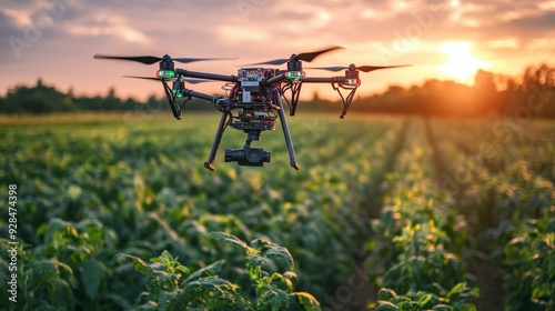 Black drone with camera flying over green field at sunset.