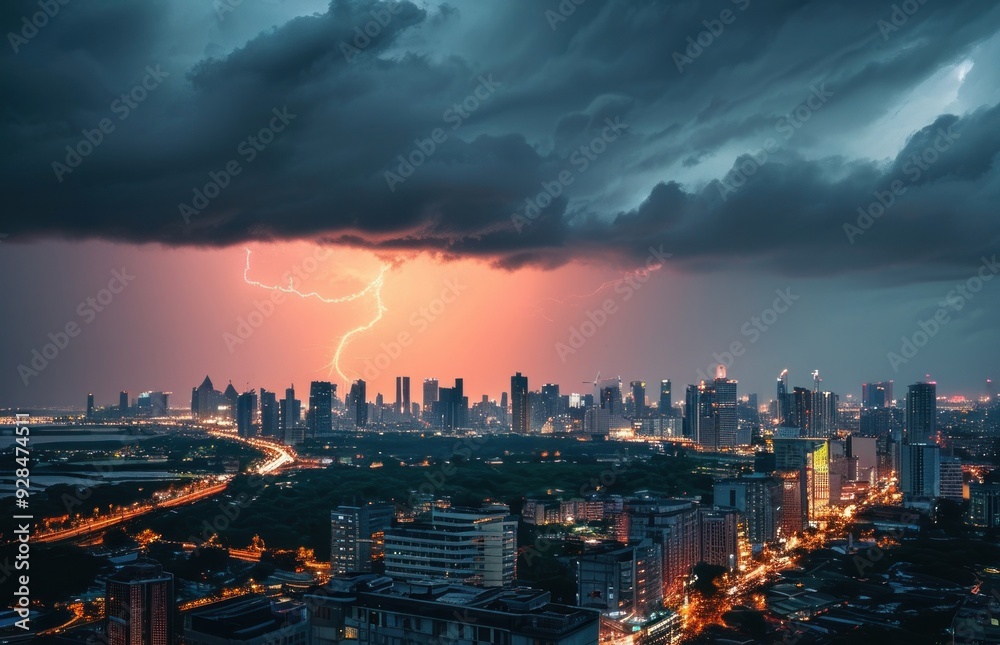 Fototapeta premium City skyline with lightning in the sky