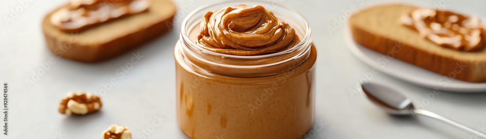 Close up of a jar of peanut butter with two slices of bread spread with peanut butter and walnuts. Close up of a jar of peanut butter with two slices of bread spread with peanut butter and walnuts.