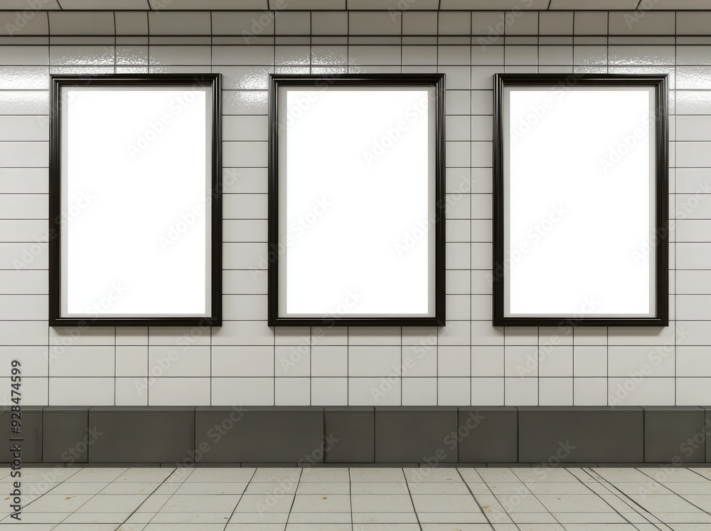 A vertical light box mockup of a subway station with three blank posters. It is rendered in 3D. A vertical light box mockup of a subway station with three blank posters. It is rendered in 3D.