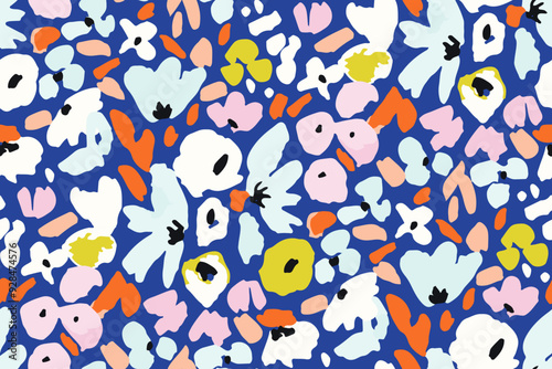 Abstract hand drawn floral seamless pattern. Bright colors, gouache painting.