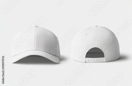 This mockup shows a front and back view of a white baseball cap on a grey background. photo