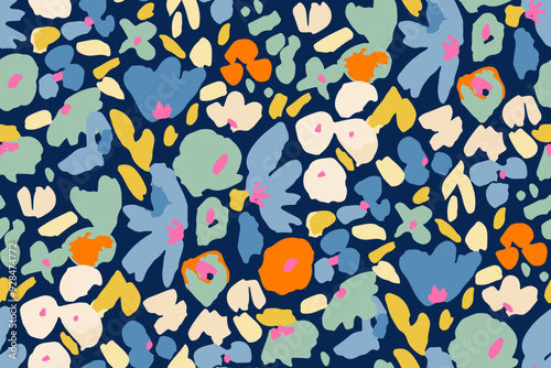 Abstract hand drawn floral seamless pattern. Bright colors, gouache painting.