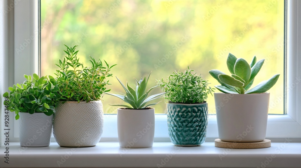 Fresh Potted Home Plants on Window Sill with Space for Text Fresh Potted Home Plants on Window Sill with Space for Text