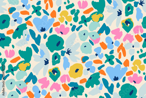 Abstract hand drawn floral seamless pattern. Bright colors, gouache painting.